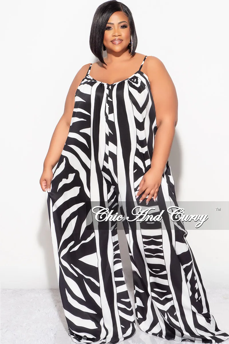 Final Sale Plus Size Jumpsuit with Spaghetti Straps & Ruffled Ankles in Black and White SoftCottonBlend Premium Look
