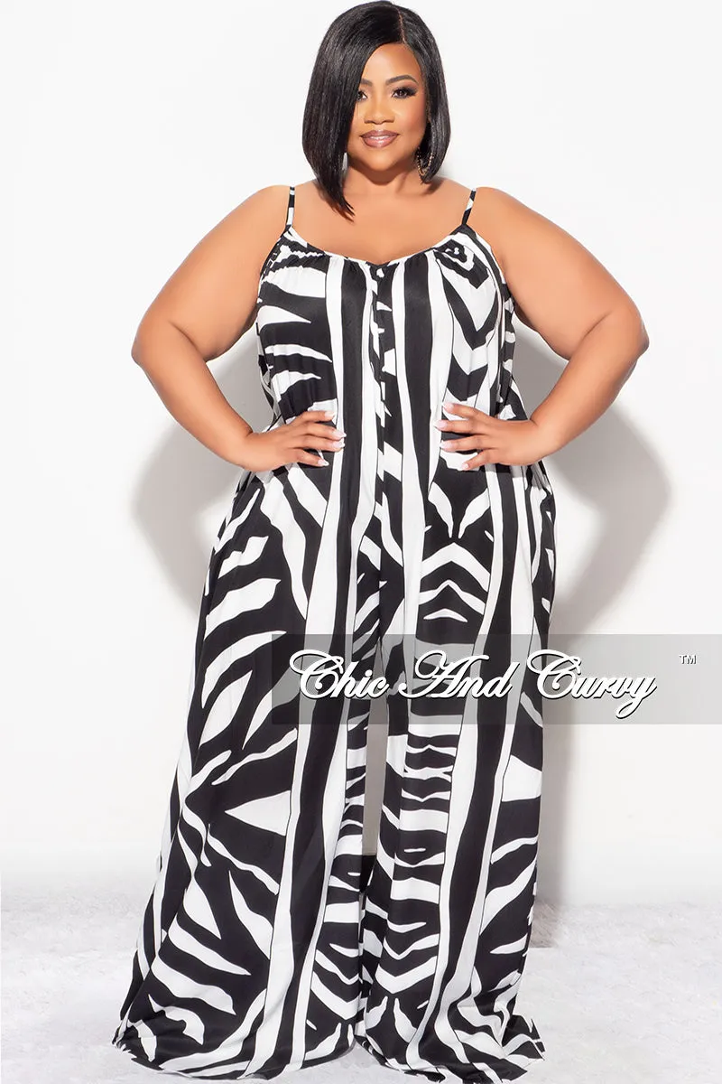 Final Sale Plus Size Jumpsuit with Spaghetti Straps & Ruffled Ankles in Black and White Outdoor Comfort Fit