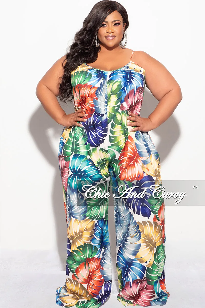ComfortWaistband Quick Adjust Fit Final Sale Plus Size Jumpsuit with Spaghetti Straps in Multi-Color Palm Print