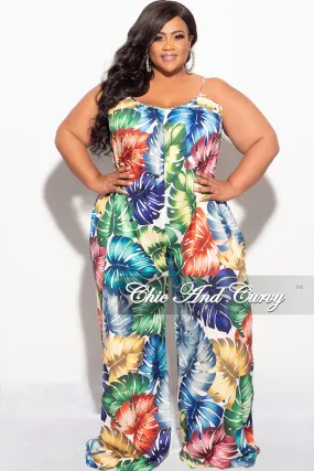 ComfortWaistband Quick Adjust Fit Final Sale Plus Size Jumpsuit with Spaghetti Straps in Multi-Color Palm Print