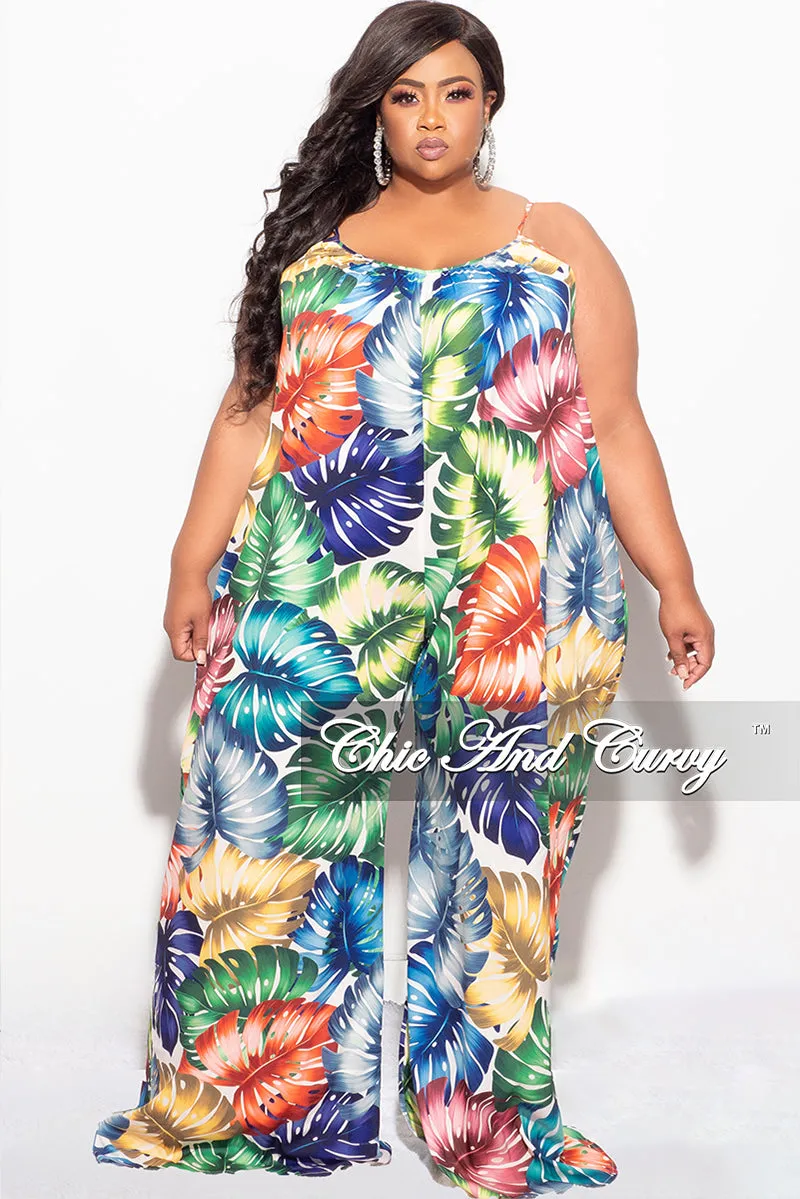 Final Sale Plus Size Jumpsuit with Spaghetti Straps in Multi-Color Palm Print tailored look