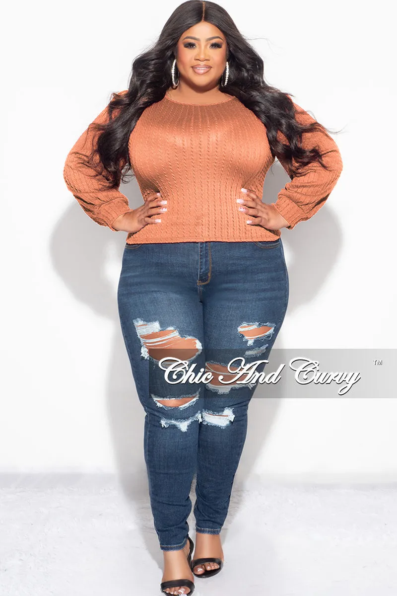 Final Sale Plus Size Knit Long sleeve Top in Rust Side zipper Comfy Style