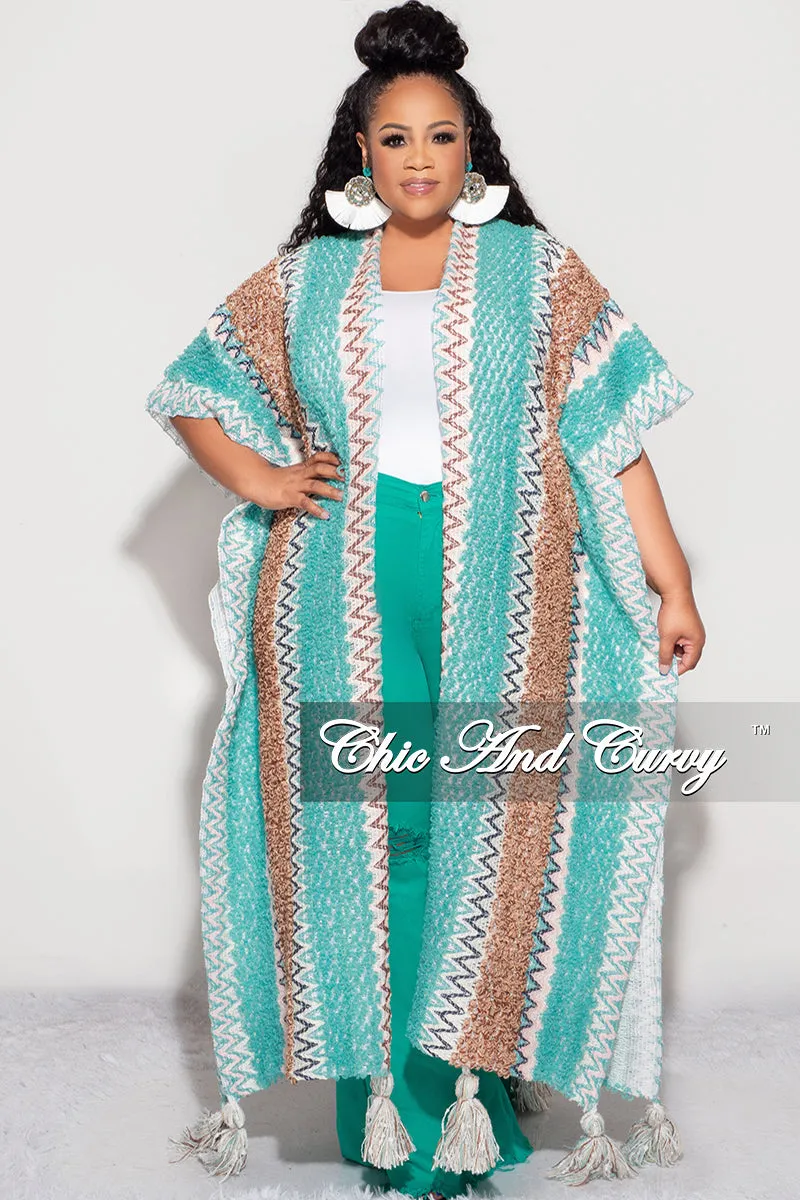 AntiPillingFabric Final Sale Plus Size Knitted Cardigan with Bottom Tassels in Teal and Brown