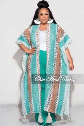 AntiPillingFabric Final Sale Plus Size Knitted Cardigan with Bottom Tassels in Teal and Brown