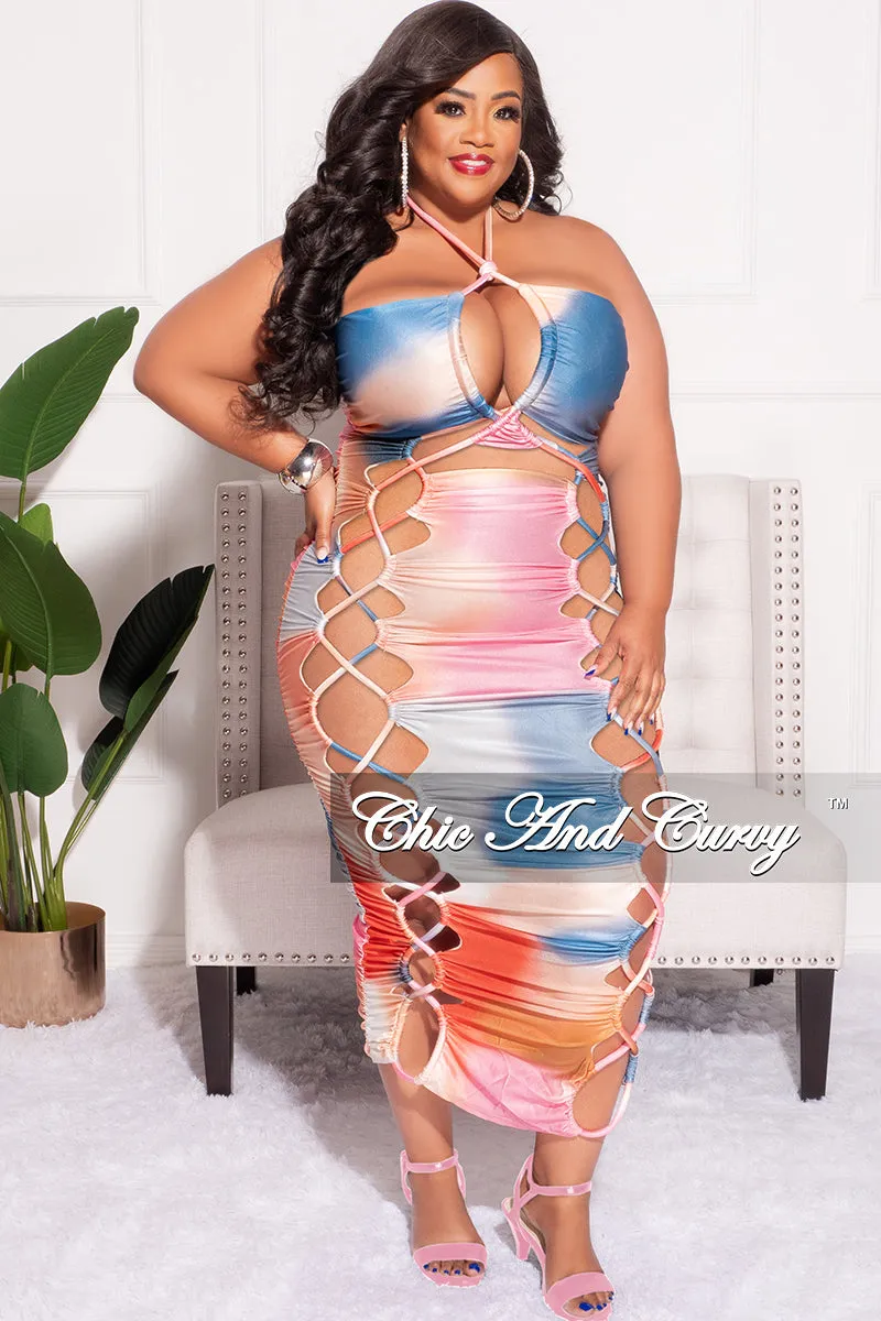 Essential Comfort Perfect Shape Final Sale Plus Size Lace Up BodyCon Dress with Halter Back in Blue, Orange & Pink