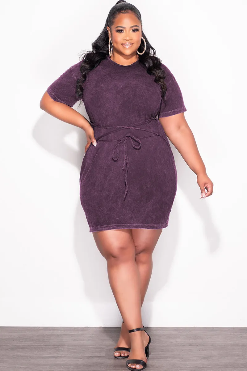 Final Sale Plus Size Lace Up Front T-Shirt Dress in Purple Refined fit Double Needle Stitching