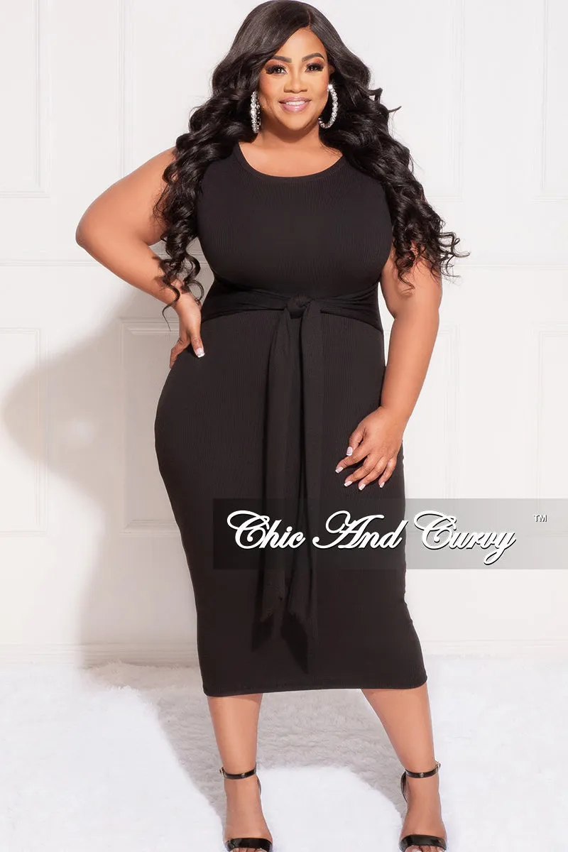 Final Sale Plus Size Light Ribbed Sleeves Shoulder Pad Midi Dress with Waist Tie in Black Fashionable Design