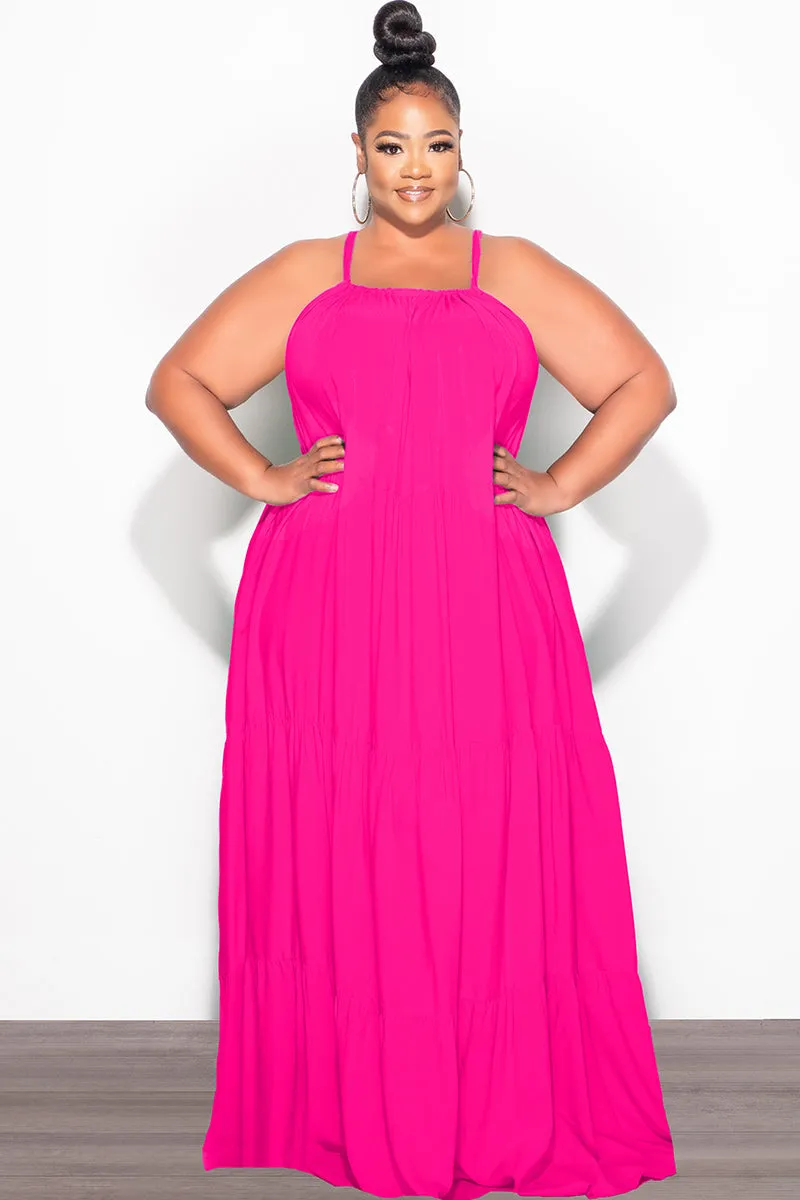 Sporty Vibe Final Sale Plus Size Long Halter Dress with Back Tie in Hot Pink