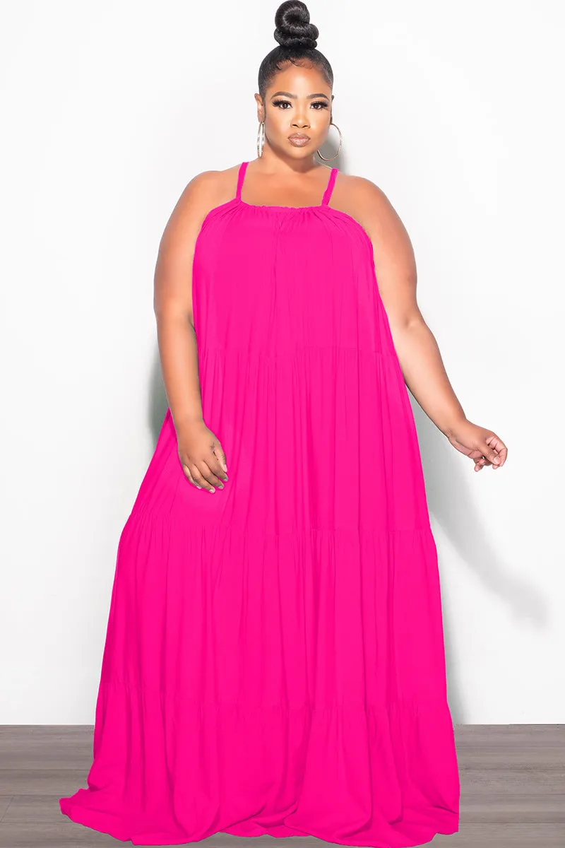 Laser Cut Perforations HighRiseWaistband Final Sale Plus Size Long Halter Dress with Back Tie in Hot Pink