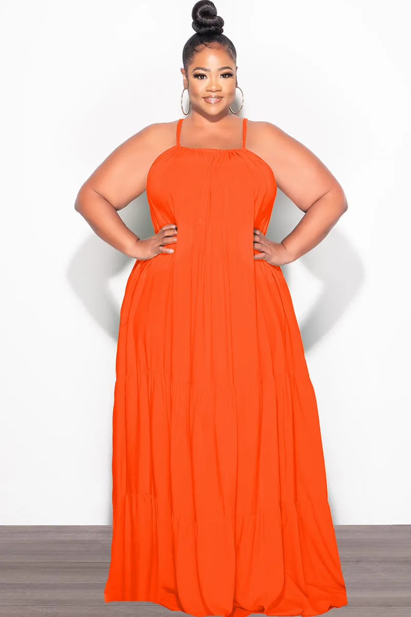 Adjustable Fit Final Sale Plus Size Long Halter Dress with Back Tie in Orange
