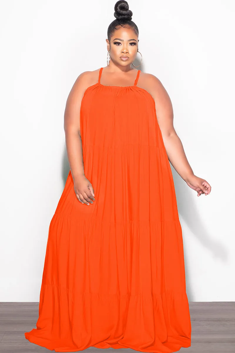 Breathable Layer Fit Final Sale Plus Size Long Halter Dress with Back Tie in Orange