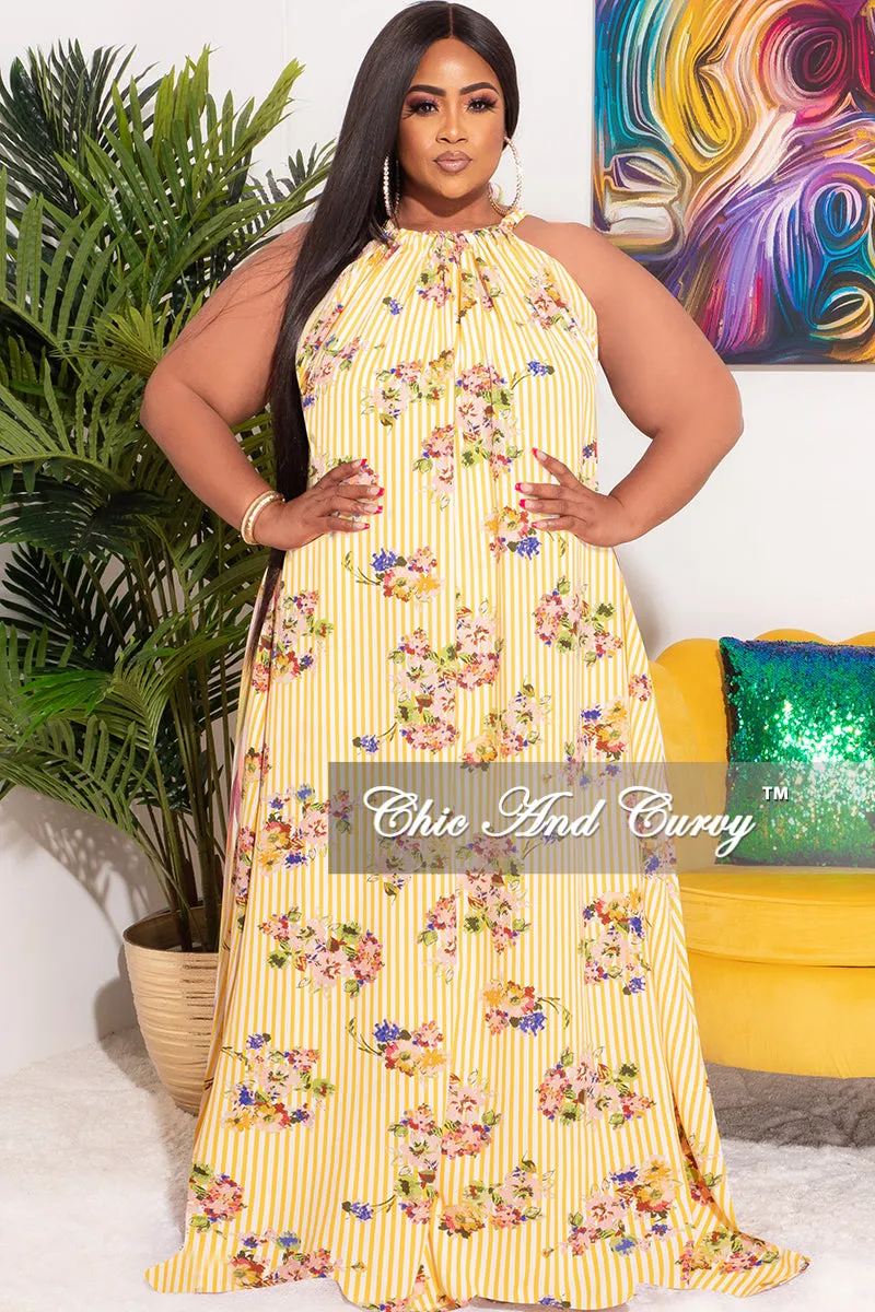 Low Bulk Final Sale Plus Size Long Halter Dress with Back Tie in Striped  Floral Print