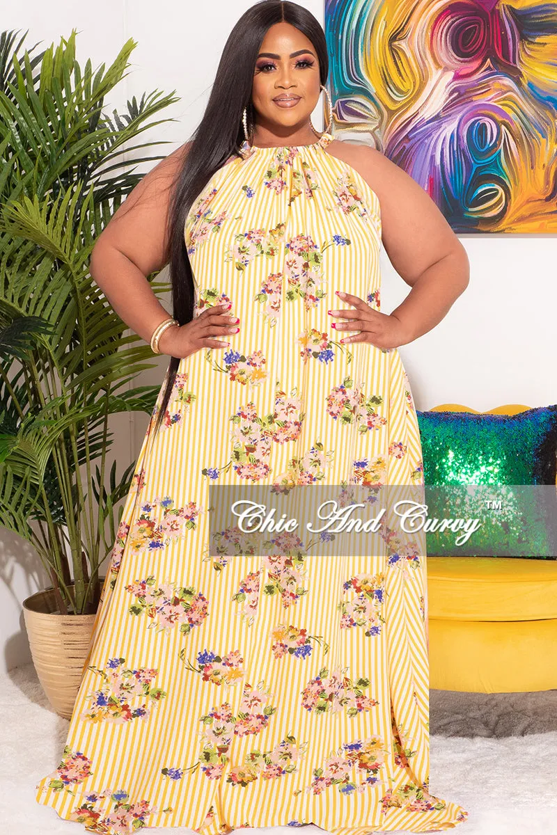 Thermal Lining Core Support Final Sale Plus Size Long Halter Dress with Back Tie in Striped  Floral Print