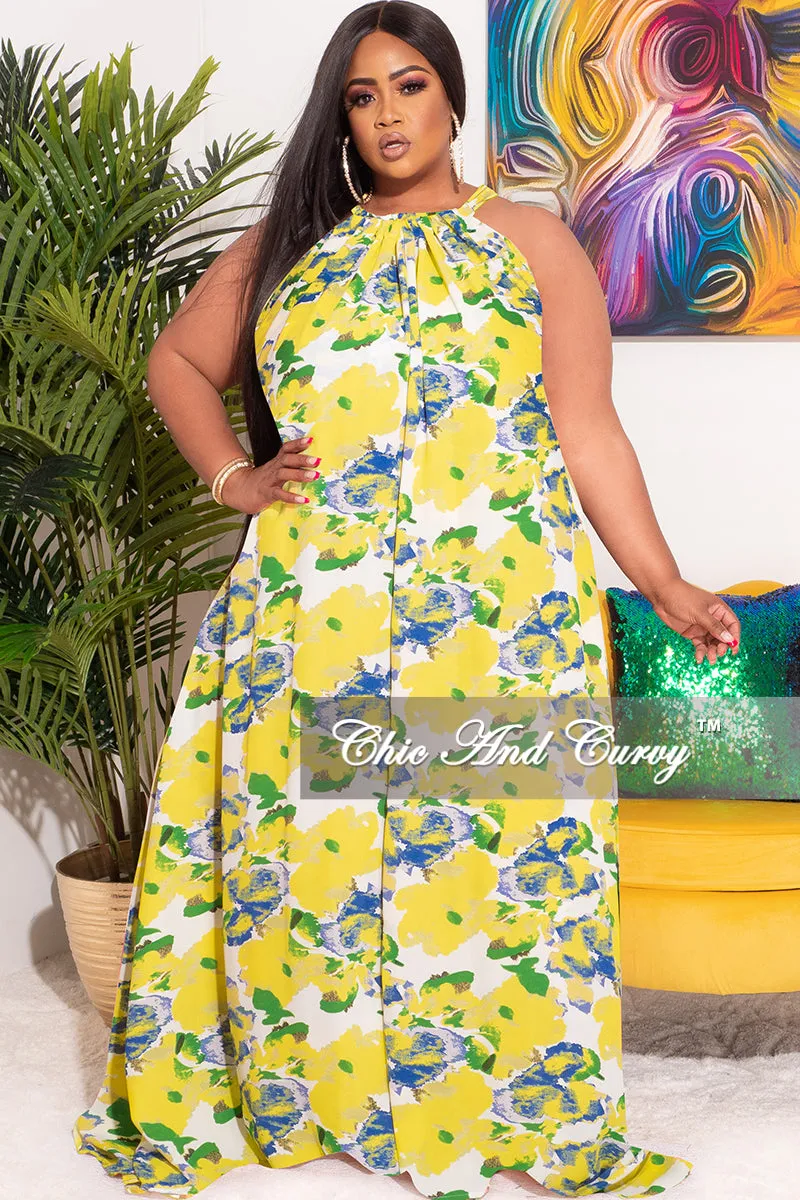 Quick Dry Fit Final Sale Plus Size Long Halter Dress with Back Tie in Yellow, Blue & Green Floral Print