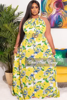 Final Sale Plus Size Long Halter Dress with Back Tie in Yellow, Blue & Green Floral Print SeamlessPocketDesign Quick Drying