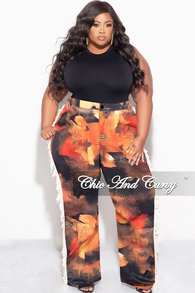 Air Flow Rayon drape Final Sale Plus Size Long Pants with Beige Fringes On The Side in Orange- Grunge Paint G113