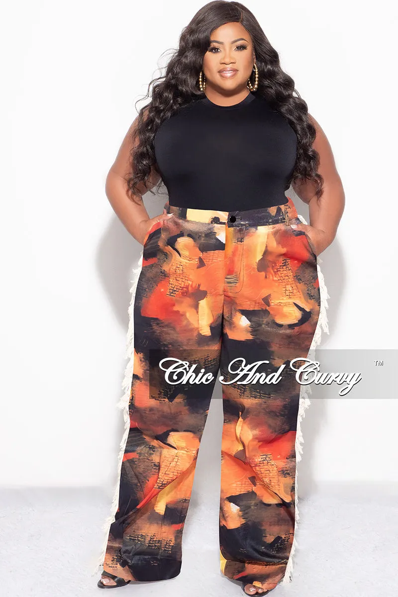 Adaptable Style QuickReleaseBuckle Final Sale Plus Size Long Pants with Beige Fringes On The Side in Orange- Grunge Paint G113
