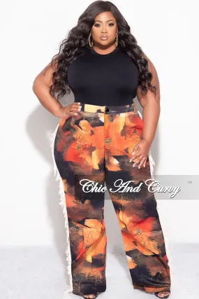 Tear Resistant Weave Final Sale Plus Size Long Pants with Beige Fringes On The Side in Orange- Grunge Paint G113