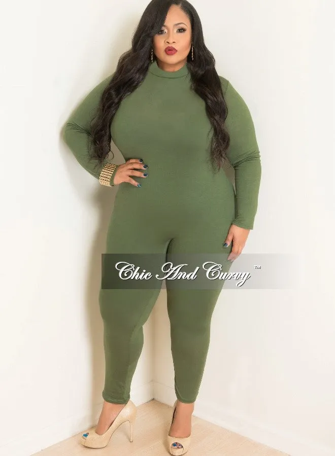 Hidden pockets Body Sculpting Final Sale Plus Size Long Sleeve BodySuit/Jumpsuit in Olive Green