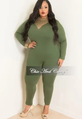 Final Sale Plus Size Long Sleeve BodySuit/Jumpsuit in Olive Green Double Needle Stitching Comfort Style