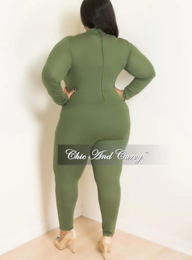 Final Sale Plus Size Long Sleeve BodySuit/Jumpsuit in Olive Green Non Clip