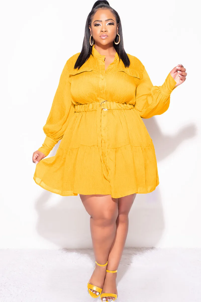Functional Waist DurableReinforcedMaterial Final Sale Plus Size Long Sleeve Button Up Dress in Mustard
