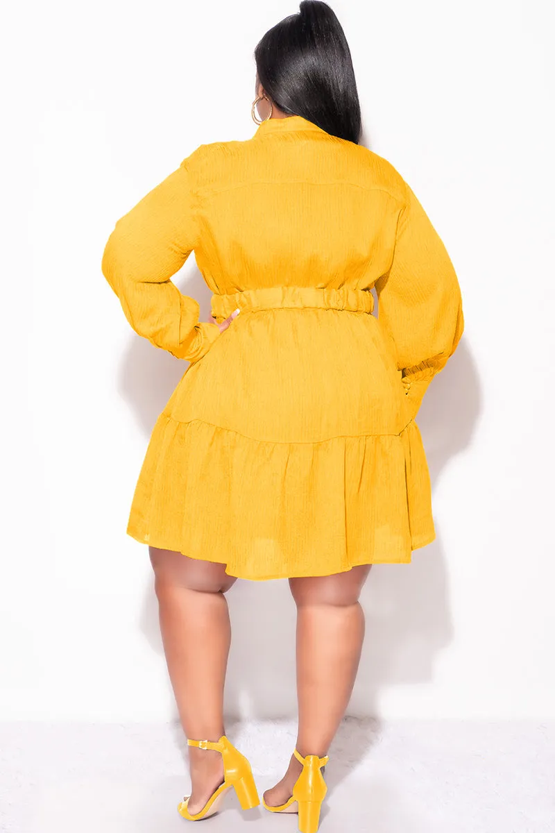 Quick Comfort Design Move Friendly Final Sale Plus Size Long Sleeve Button Up Dress in Mustard