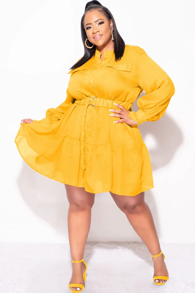 Anti Pilling Fabric Shape Flex Final Sale Plus Size Long Sleeve Button Up Dress in Mustard