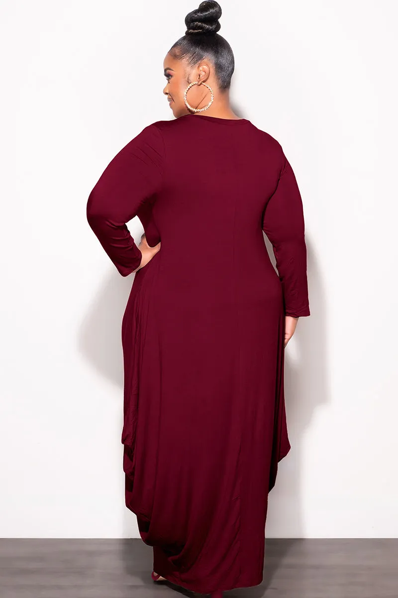 Final Sale Plus Size Long Sleeve Casual Loose Pocket Dress in Burgundy Comfortable Fashion