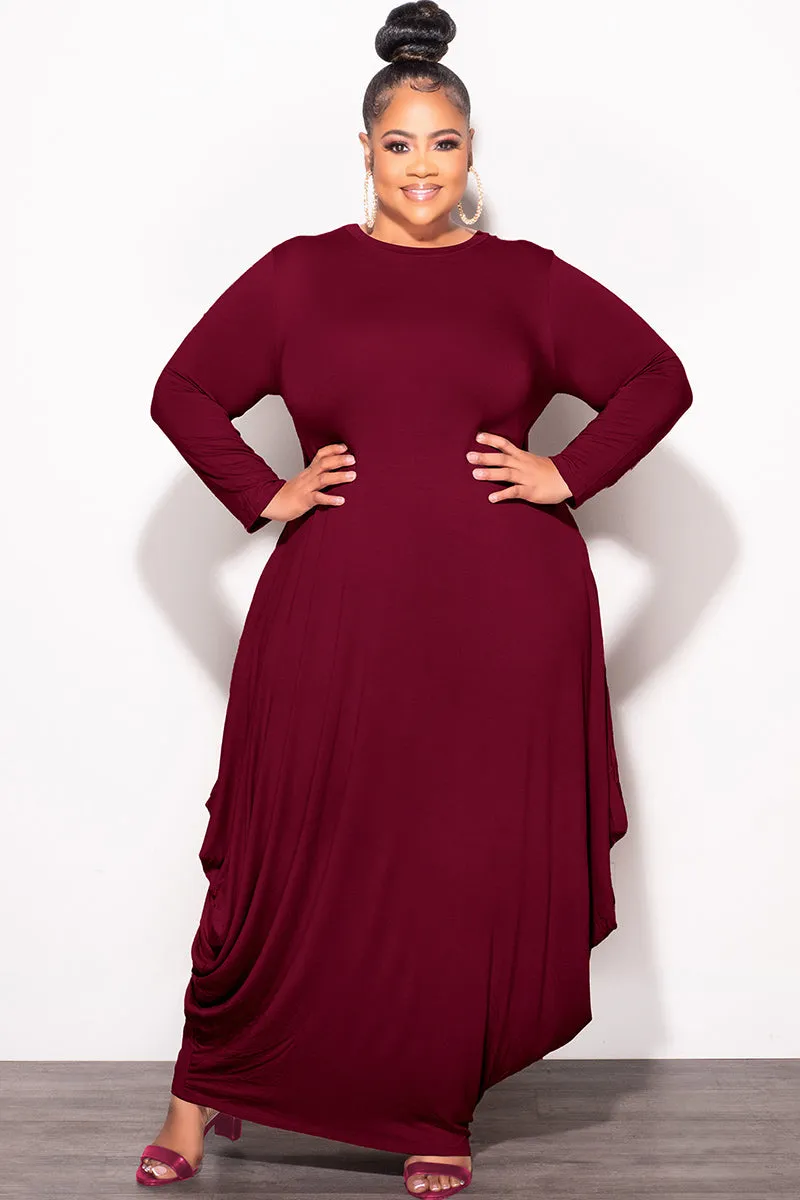 Final Sale Plus Size Long Sleeve Casual Loose Pocket Dress in Burgundy Anti Pilling Treatment Timeless Wear