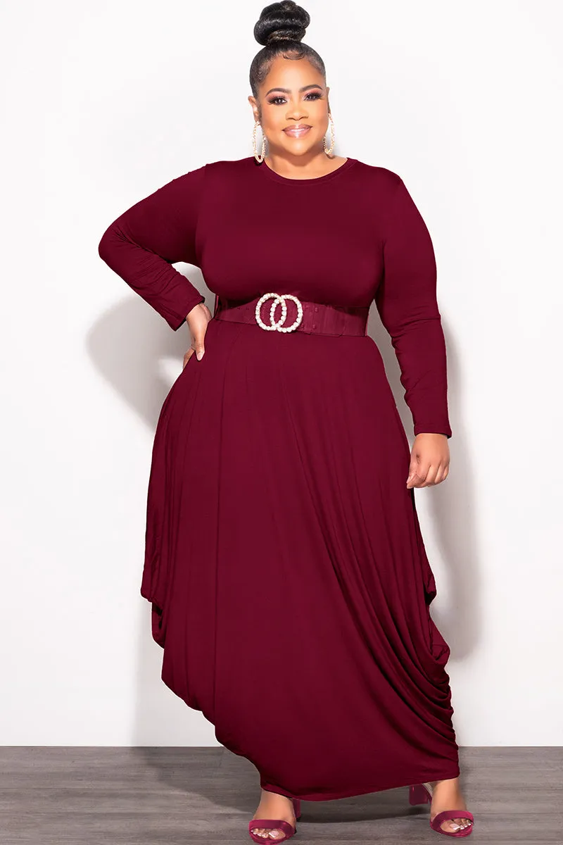 AdjustableTabs Final Sale Plus Size Long Sleeve Casual Loose Pocket Dress in Burgundy