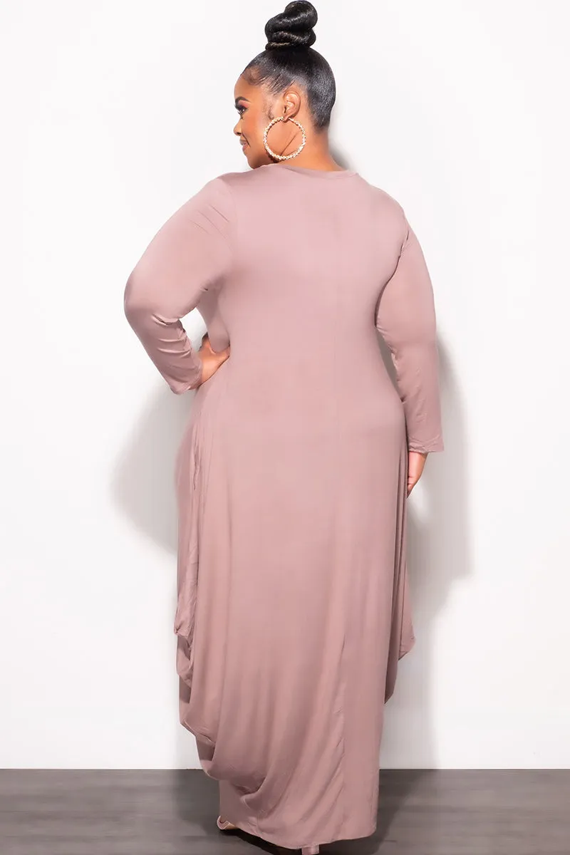 Stretchable Wear Essential Look Final Sale Plus Size Long Sleeve Casual Loose Pocket Dress in Mocha