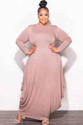 Final Sale Plus Size Long Sleeve Casual Loose Pocket Dress in Mocha Comfortable Waistband