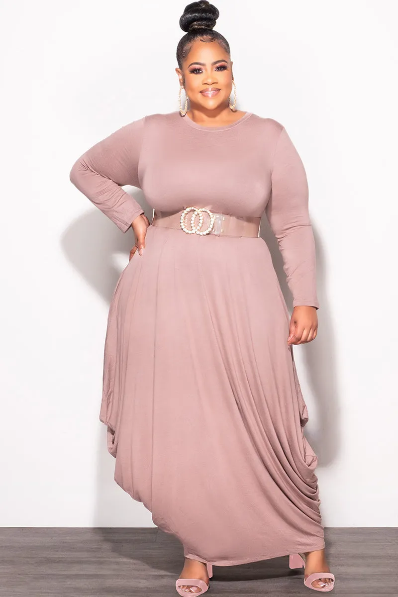 Final Sale Plus Size Long Sleeve Casual Loose Pocket Dress in Mocha Sporty Layers