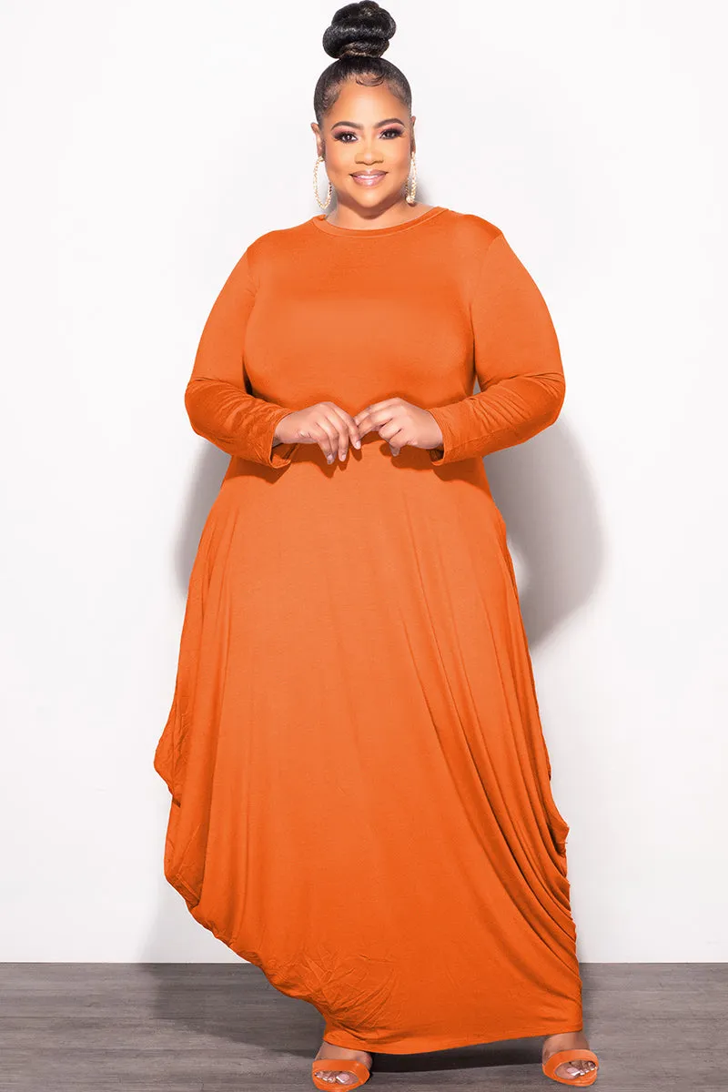 RegularFit Final Sale Plus Size Long Sleeve Casual Loose Pocket Dress in Orange