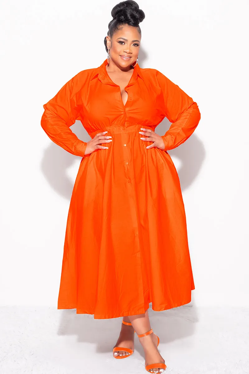 Timeless Comfort Fit Stylish Wear Final Sale Plus Size Long Sleeve Collar Button Up Dress in Orange