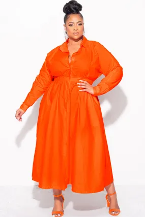 Final Sale Plus Size Long Sleeve Collar Button Up Dress in Orange Chic Vibe