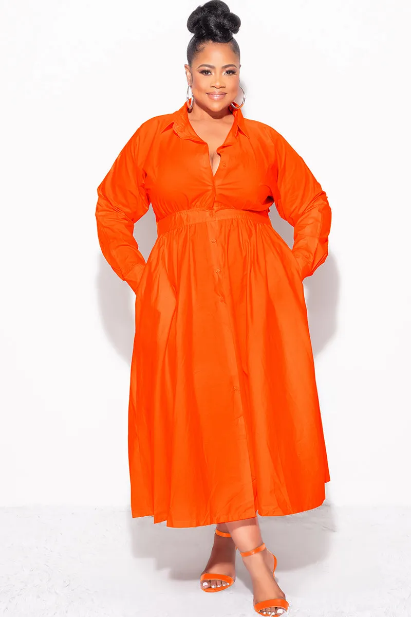 Office Friendly Simple and Cozy Final Sale Plus Size Long Sleeve Collar Button Up Dress in Orange
