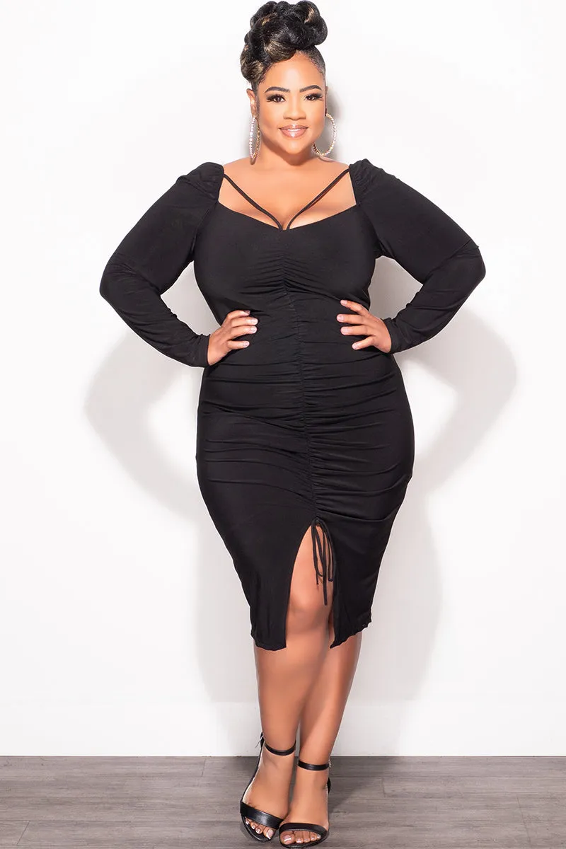 Performance Comfort Final Sale Plus Size Long Sleeve Cutout Ruched BodyCon Dress with Front Slit in Black