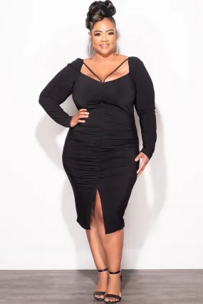 Reflective details Soft Wear Final Sale Plus Size Long Sleeve Cutout Ruched BodyCon Dress with Front Slit in Black