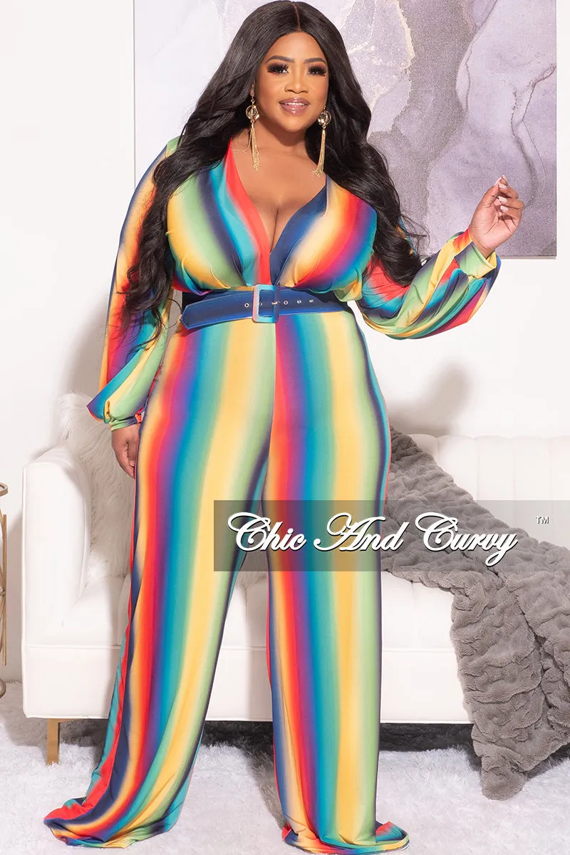 Final Sale Plus Size Long Sleeve Deep V Belted Wide Leg Jumpsuit in Rainbow Print Outdoor Essentials