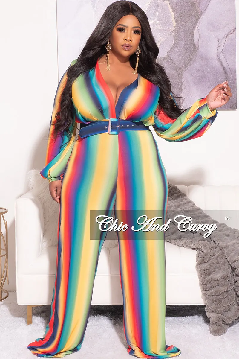 Final Sale Plus Size Long Sleeve Deep V Belted Wide Leg Jumpsuit in Rainbow Print Cozy and Soft
