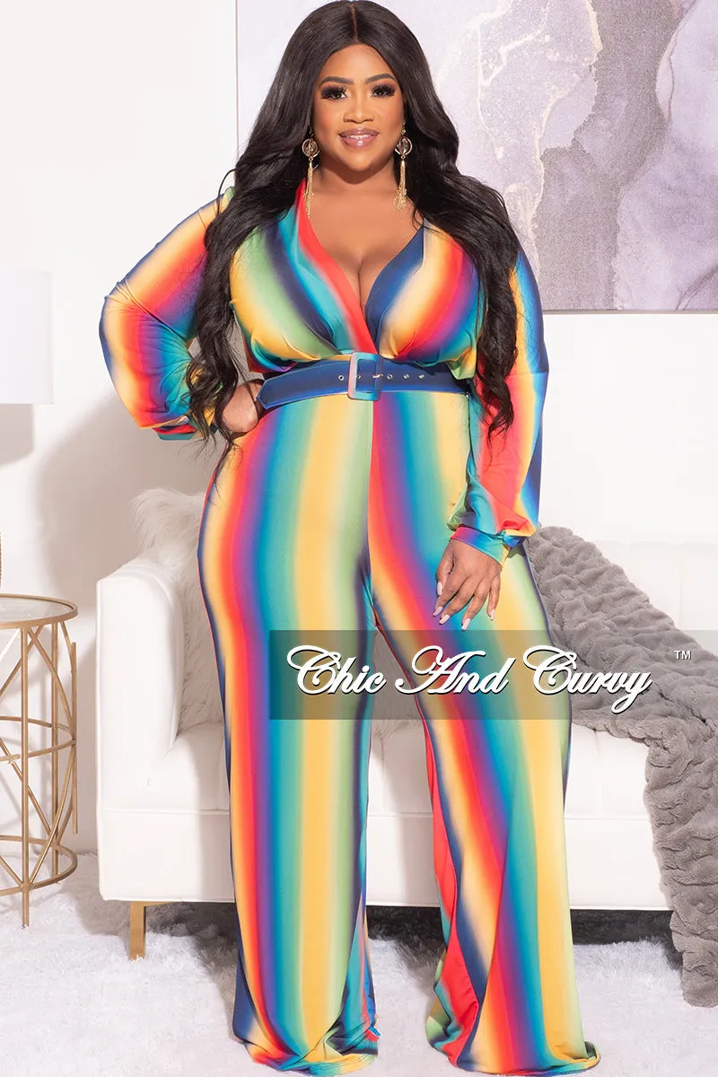 Final Sale Plus Size Long Sleeve Deep V Belted Wide Leg Jumpsuit in Rainbow Print Cold Weather Gear Adjustable Drawcord