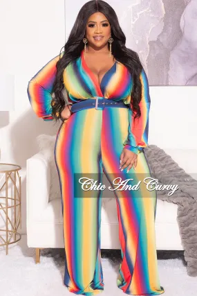 Final Sale Plus Size Long Sleeve Deep V Belted Wide Leg Jumpsuit in Rainbow Print Cold Weather Gear Adjustable Drawcord