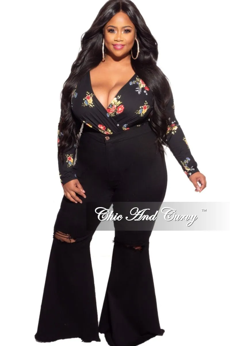 Tailored Wear SecureClosures Final Sale Plus Size Long Sleeve Faux Wrap Bodysuit in Black Floral Print