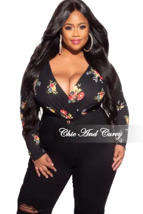 Final Sale Plus Size Long Sleeve Faux Wrap Bodysuit in Black Floral Print Comfort Layer Wear Office Friendly