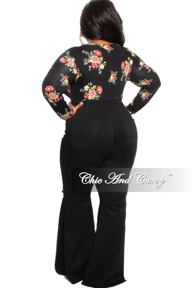 Casual Comfort Fit Timeless Comfort Wear Final Sale Plus Size Long Sleeve Faux Wrap Bodysuit in Black Floral Print