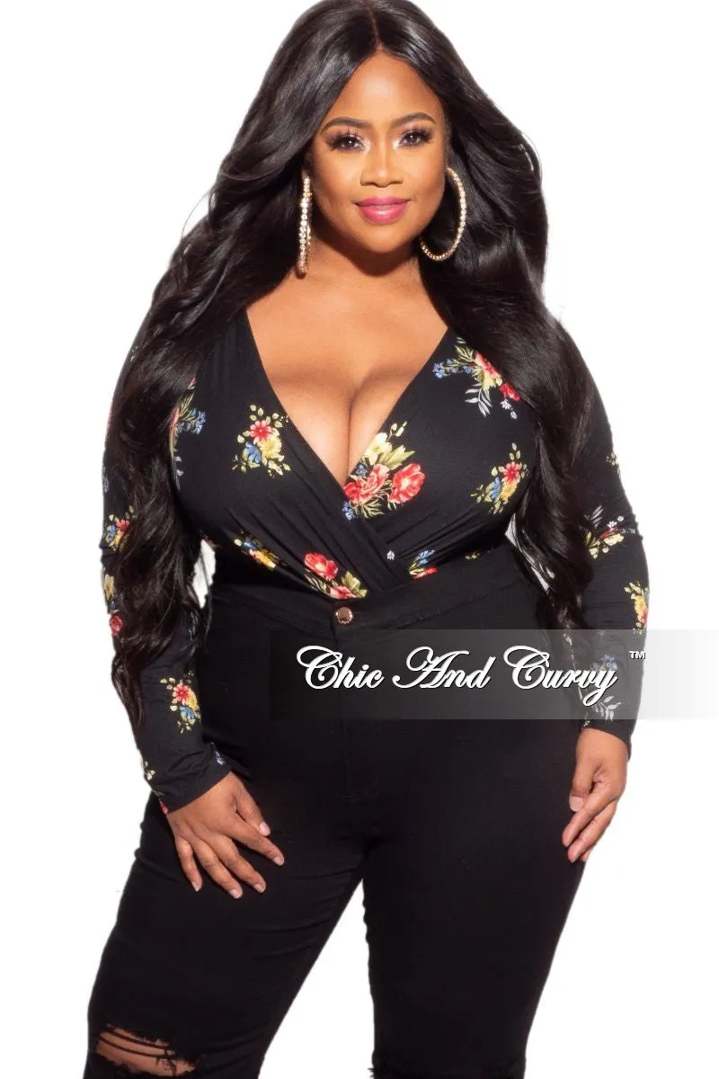 Final Sale Plus Size Long Sleeve Faux Wrap Bodysuit in Black Floral Print Comfort Layer Wear Office Friendly