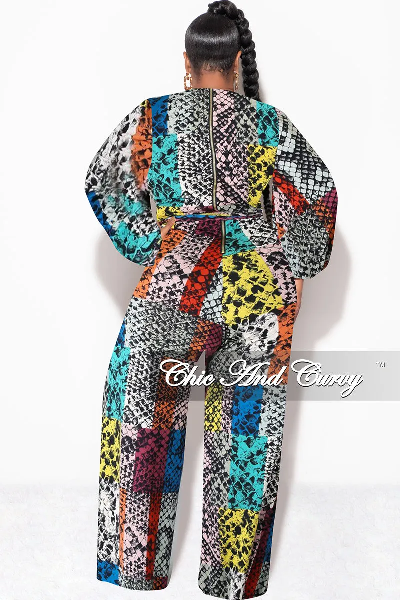 Polyester fabric Final Sale Plus Size Long Sleeve Faux Wrap Jumpsuit with Attached Tie in Multi-Color Print