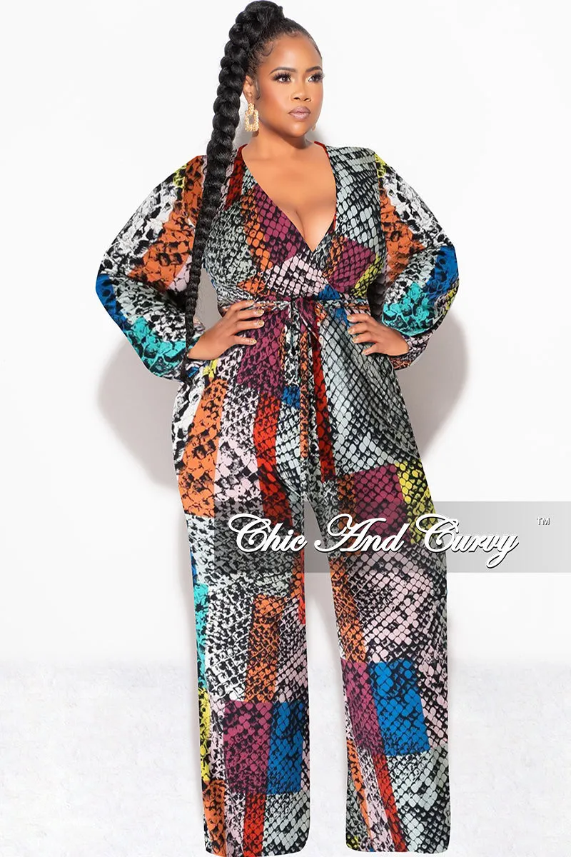 Final Sale Plus Size Long Sleeve Faux Wrap Jumpsuit with Attached Tie in Multi-Color Print Ergonomic Cut Warm Fit